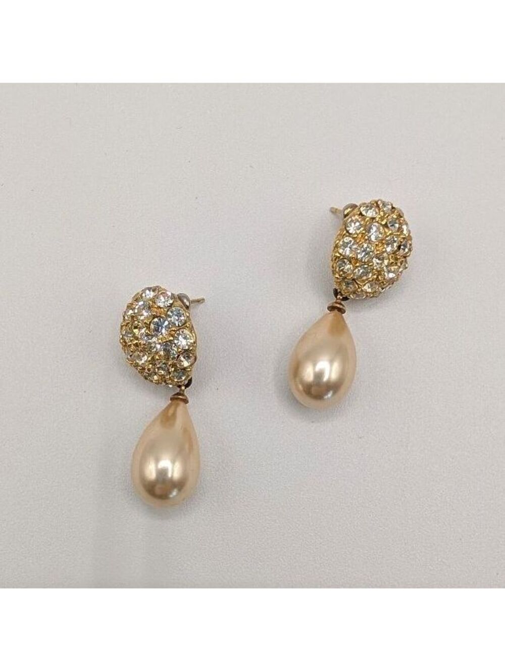 Vintage Gold Tone Pearl Drop Earrings with Rhinestone Studs